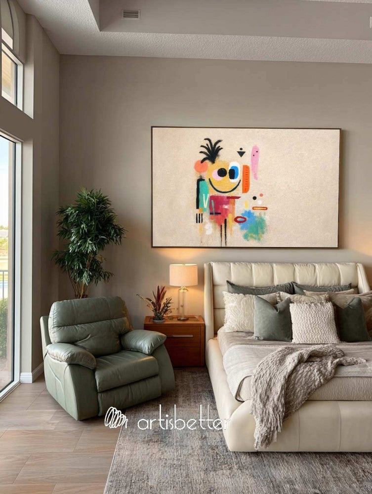 Large Horizontal Beige Abstract Character Painting With Artistic Texture For Modern Home