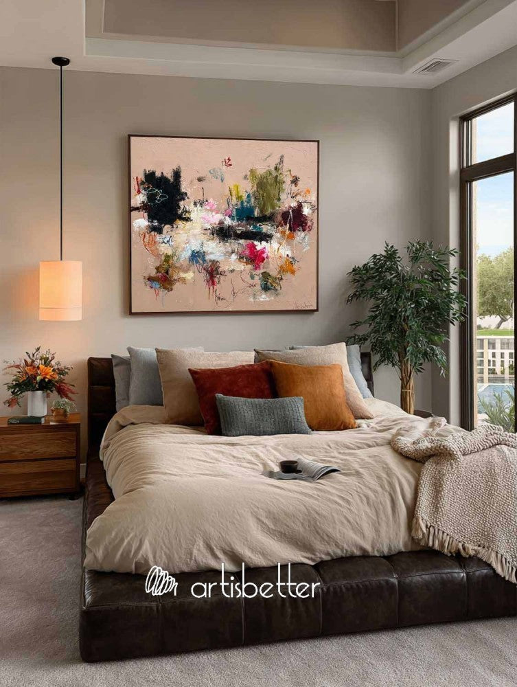 Large Square Minimalist Wall Art In Beige And Brown For Organic Modern Living Room