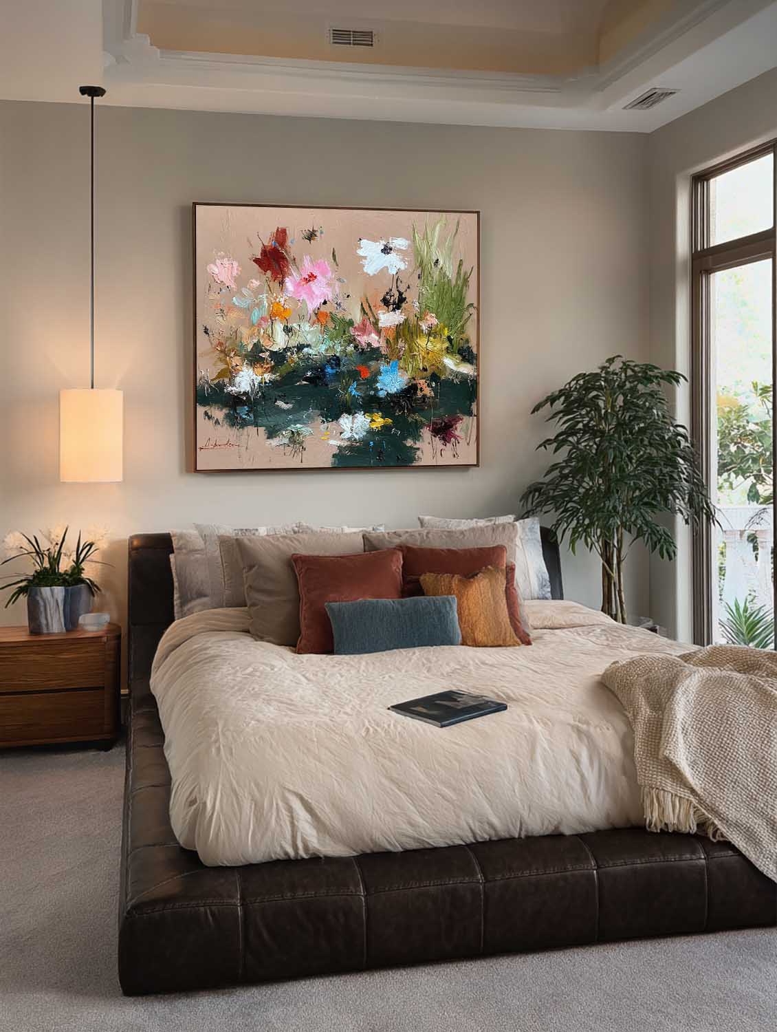 Large Square Floral Abstract Oil Painting With Heavy Impasto Sculptural Strokes For Modern Art Gallery Decor