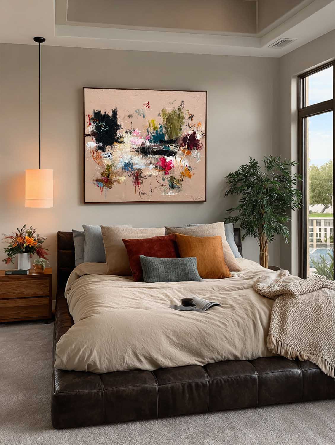 Large Square Minimalist Wall Art In Beige And Brown For Organic Modern Living Room