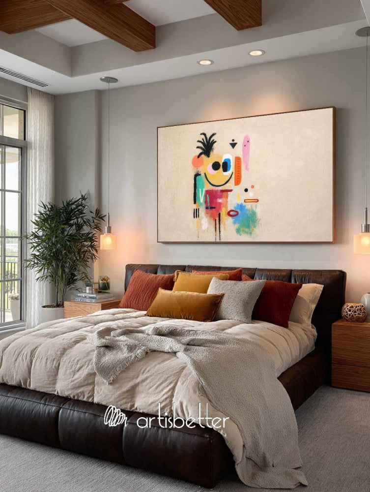 Large Horizontal Beige Abstract Character Painting With Artistic Texture For Modern Home