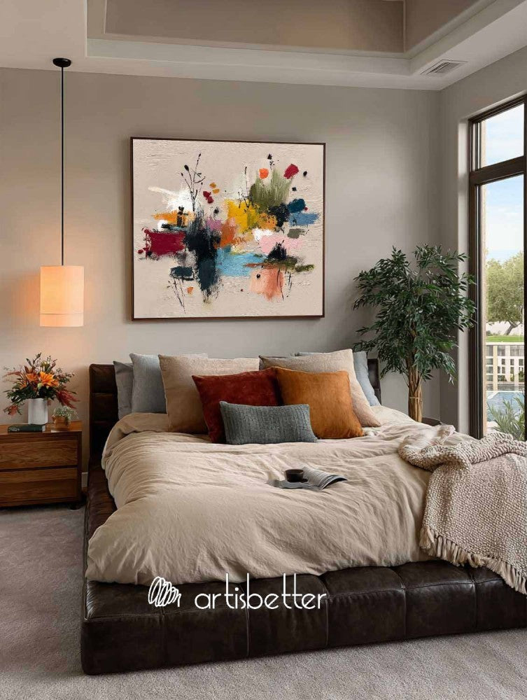 Minimalist Botanical Wall Art In Warm Beige And Pastel Pink Tones Square Original Painting For Organic Modern Home