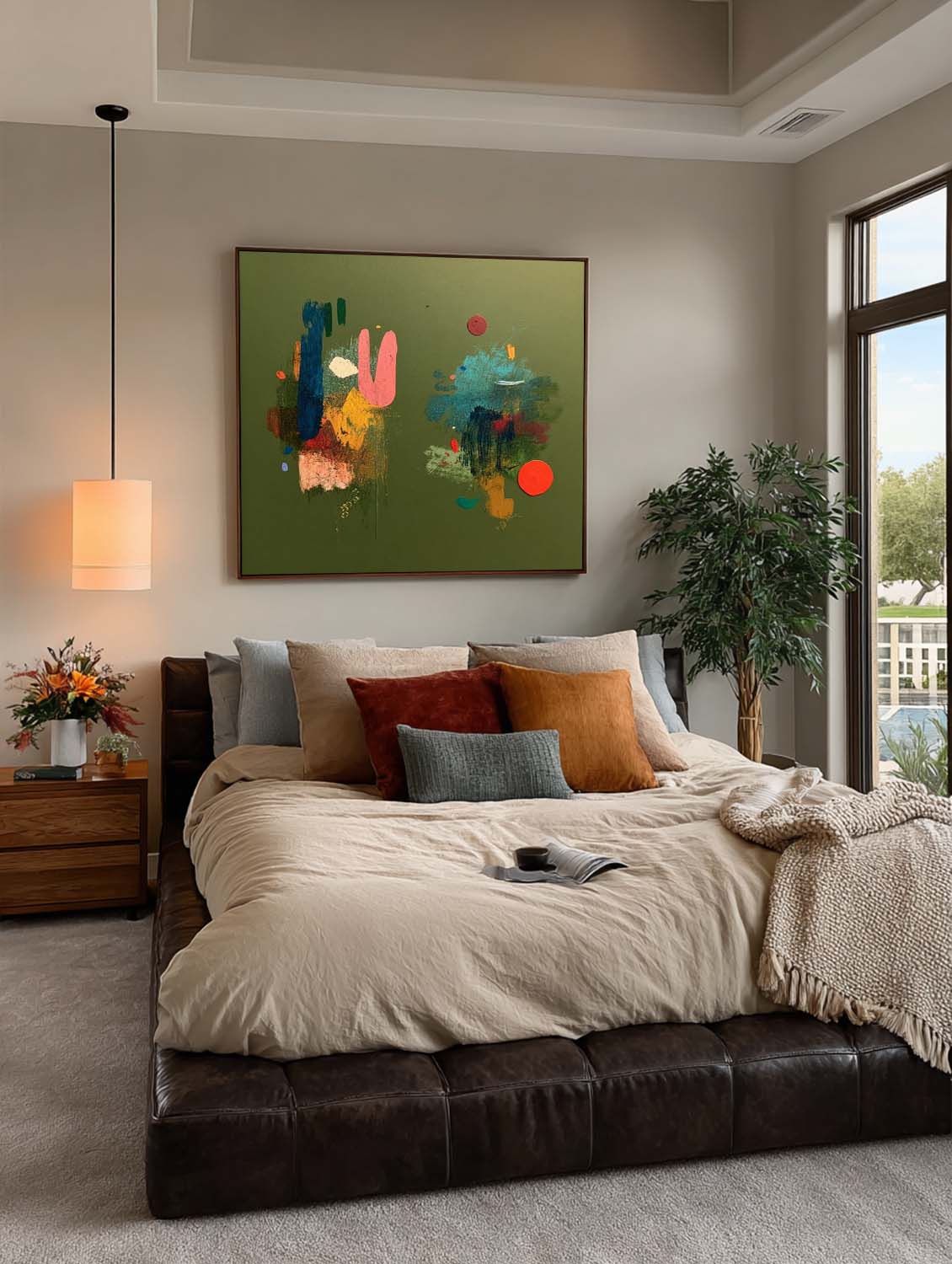 Original Handmade Colorful Abstract Oil Painting On Green Canvas Large Square Textured Modern Art