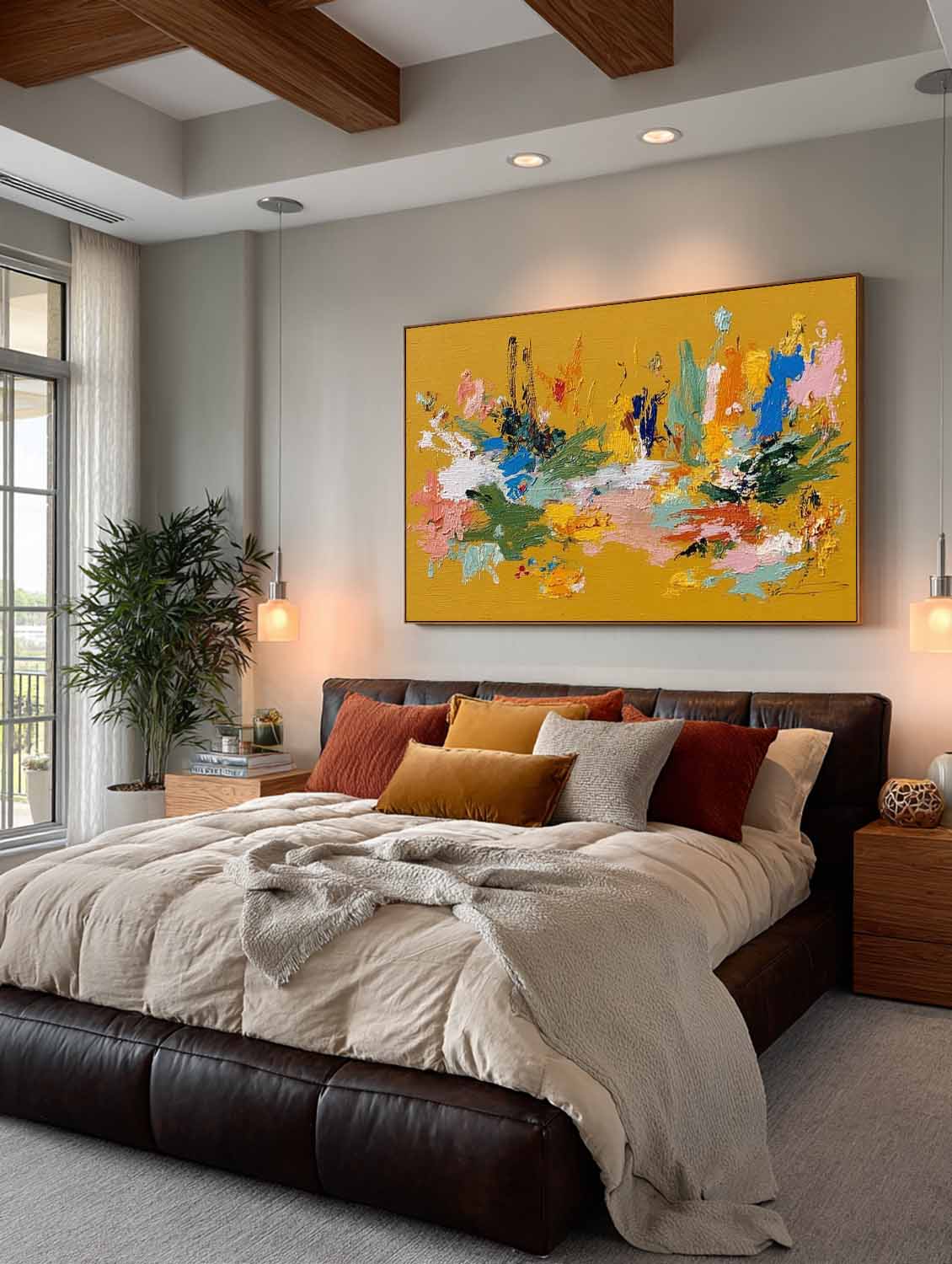 Large Horizontal Orange Floral Abstract Painting With Tactile Texture For Modern Living Room