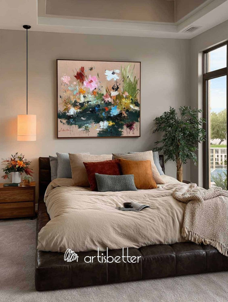 Large Square Floral Abstract Oil Painting With Heavy Impasto Sculptural Strokes For Modern Art Gallery Decor