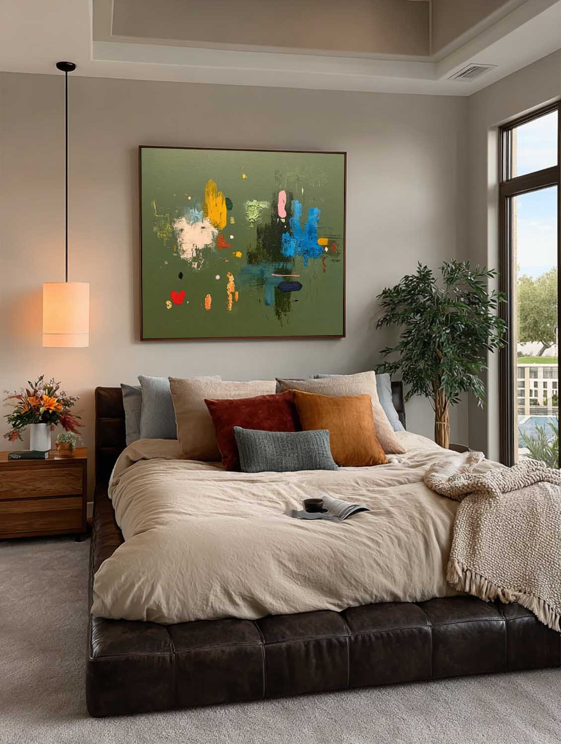 Original Handmade Colorful Abstract Painting On Green Canvas Colorful Square Canvas For Modern Interiors