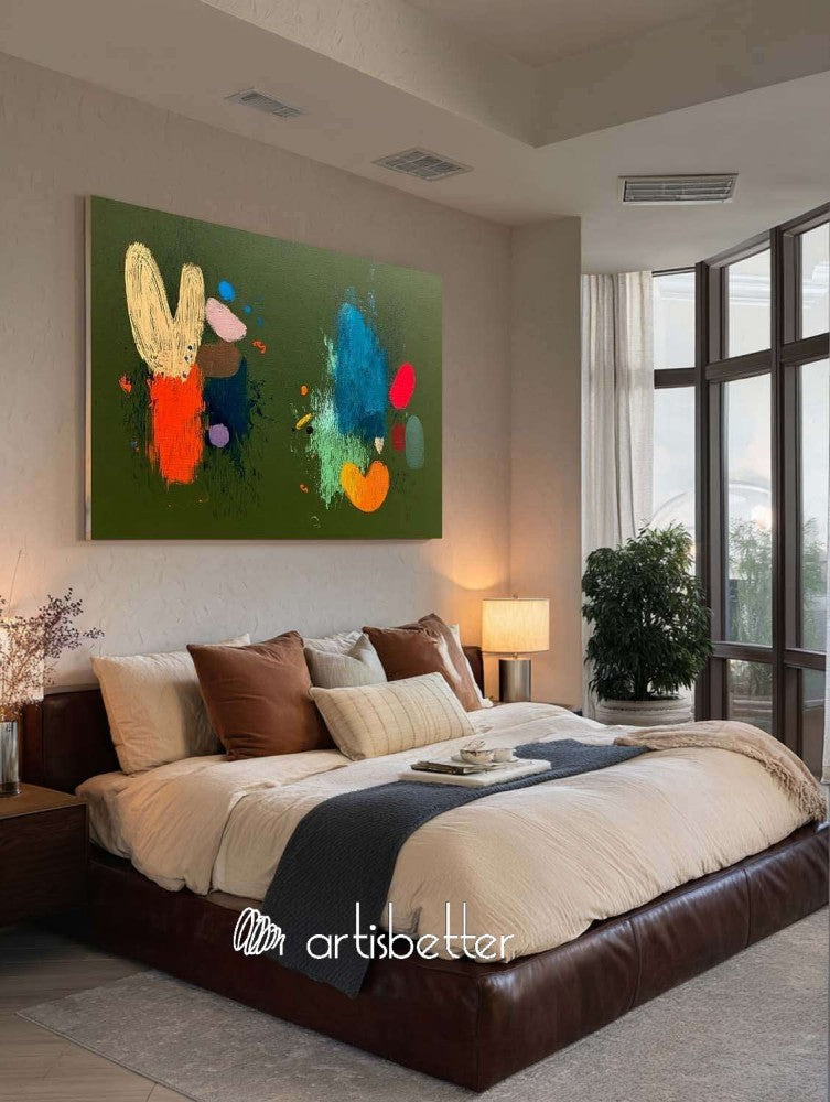 Original Hand Painted Green Figure Art Large Modern Minimalist Abstract Face Art Green Horizontal Textured Oil Painting