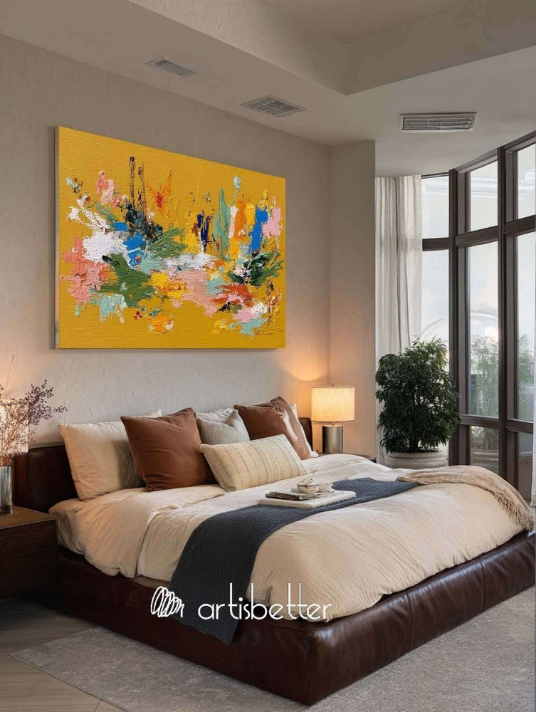 Large Horizontal Orange Floral Abstract Painting With Tactile Texture For Modern Living Room