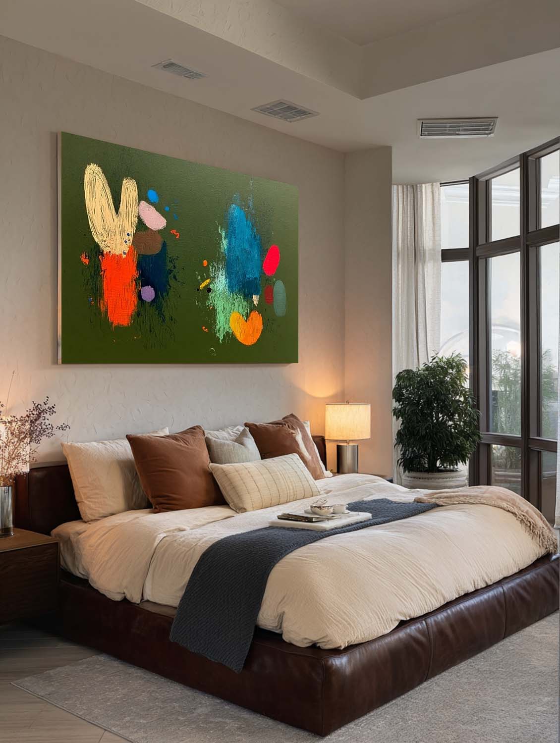 Original Hand Painted Green Figure Art Large Modern Minimalist Abstract Face Art Green Horizontal Textured Oil Painting