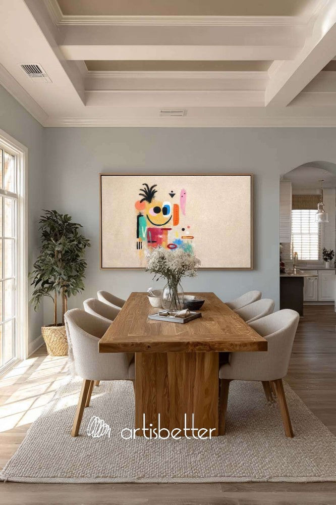 Large Horizontal Beige Abstract Character Painting With Artistic Texture For Modern Home