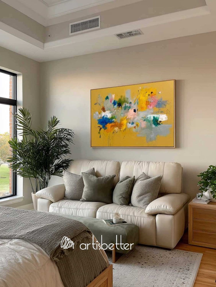 Large Horizontal Orange Floral Abstract Painting Modern Orange Abstract Flower Art