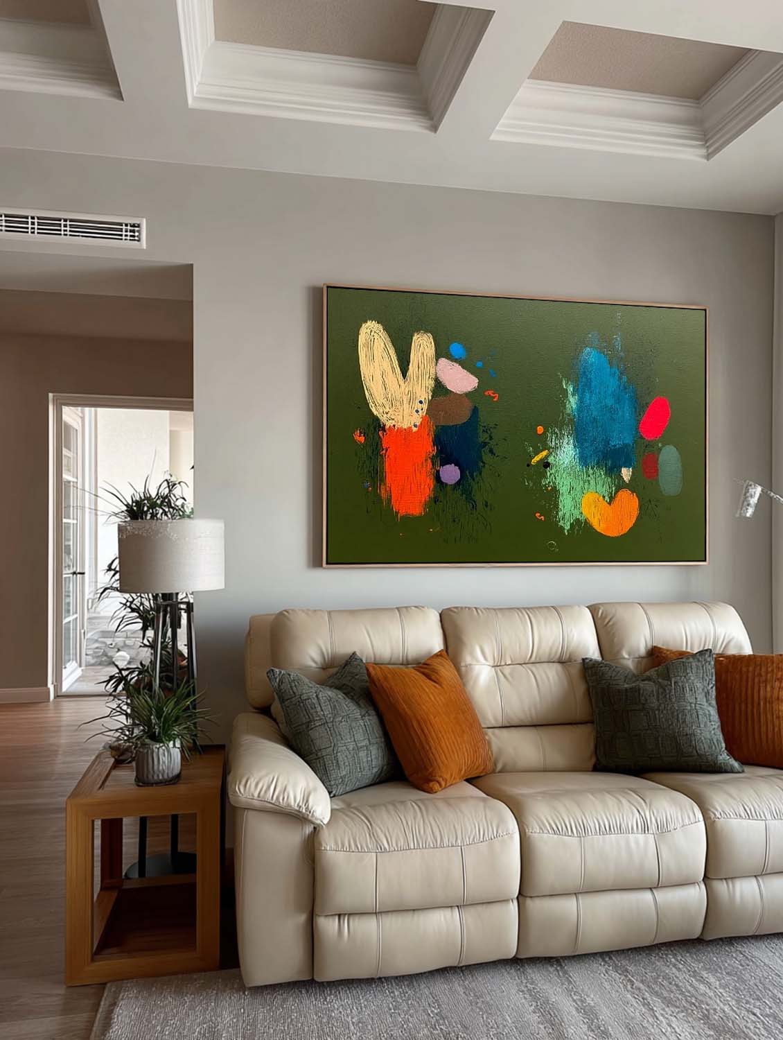 Original Hand Painted Green Figure Art Large Modern Minimalist Abstract Face Art Green Horizontal Textured Oil Painting