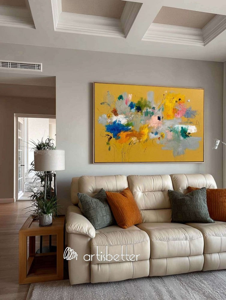 Large Horizontal Orange Floral Abstract Painting Modern Orange Abstract Flower Art