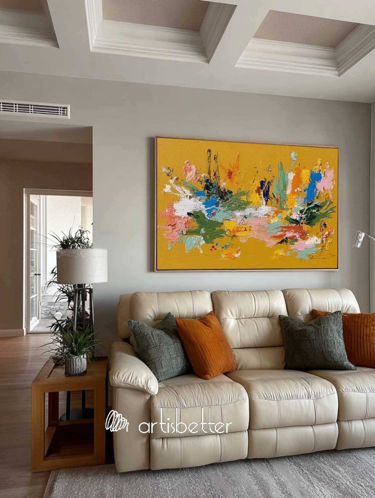 Large Horizontal Orange Floral Abstract Painting With Tactile Texture For Modern Living Room