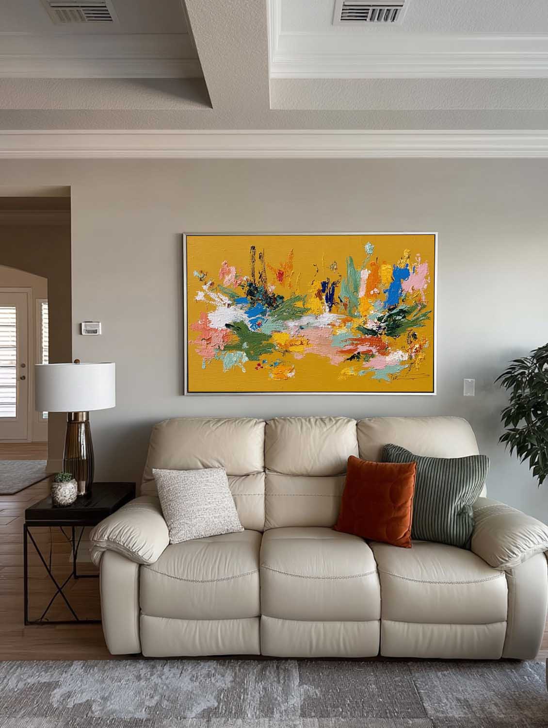 Large Horizontal Orange Floral Abstract Painting With Tactile Texture For Modern Living Room