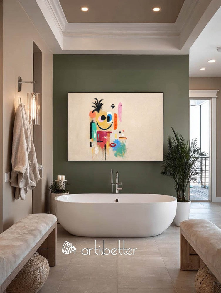 Large Horizontal Beige Abstract Character Painting With Artistic Texture For Modern Home