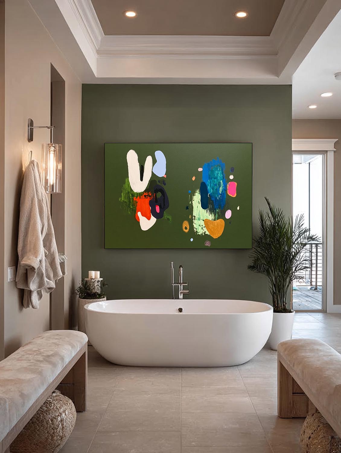 Large Horizontal Green Wall Art For Living Room With Abstract Figure Framed Painting