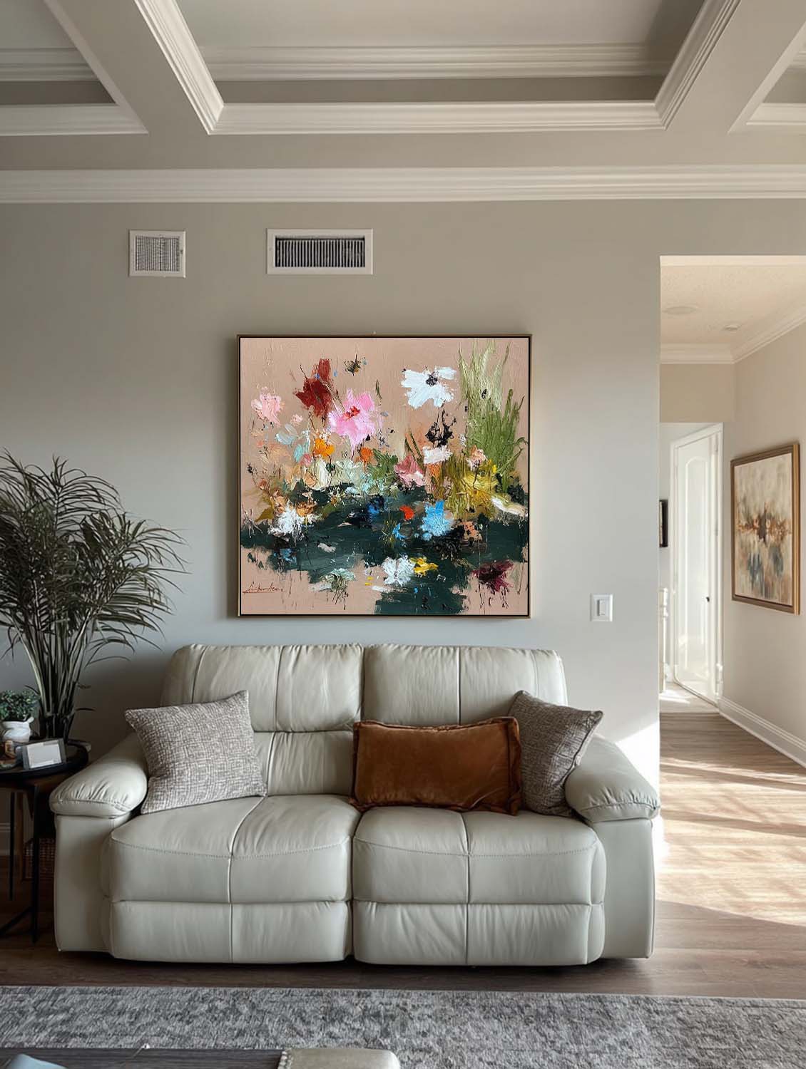 Large Square Floral Abstract Oil Painting With Heavy Impasto Sculptural Strokes For Modern Art Gallery Decor