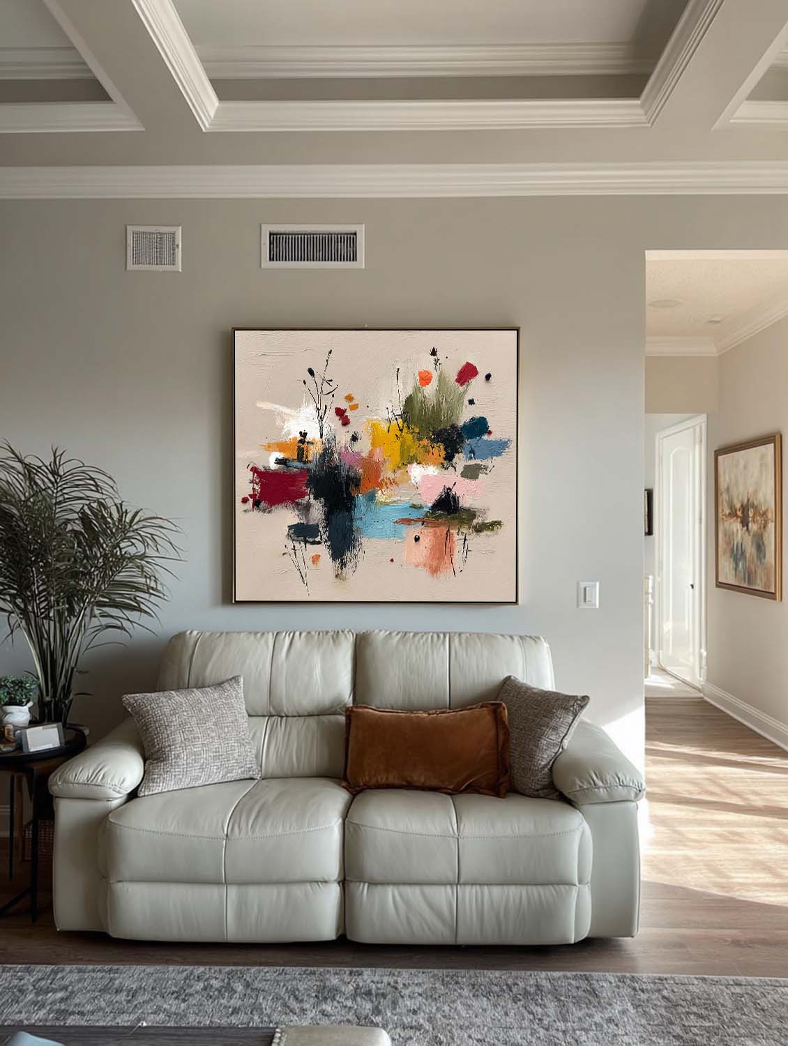 Minimalist Botanical Wall Art In Warm Beige And Pastel Pink Tones Square Original Painting For Organic Modern Home