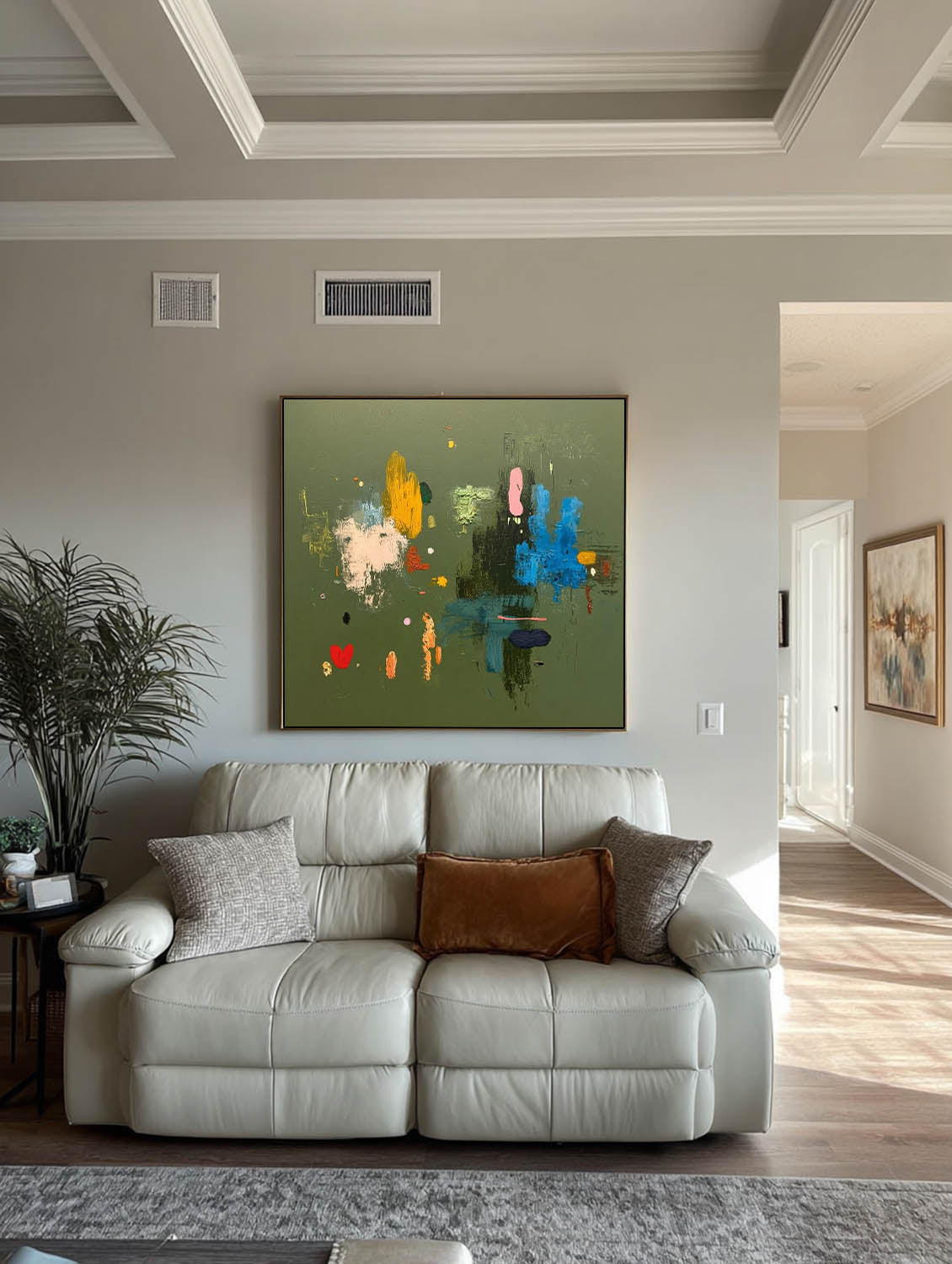 Original Handmade Colorful Abstract Painting On Green Canvas Colorful Square Canvas For Modern Interiors
