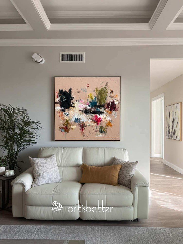 Large Square Minimalist Wall Art In Beige And Brown For Organic Modern Living Room