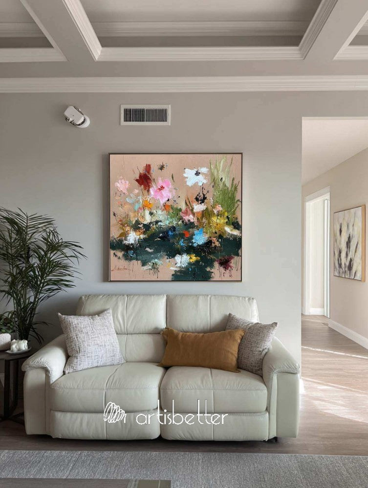 Large Square Floral Abstract Oil Painting With Heavy Impasto Sculptural Strokes For Modern Art Gallery Decor