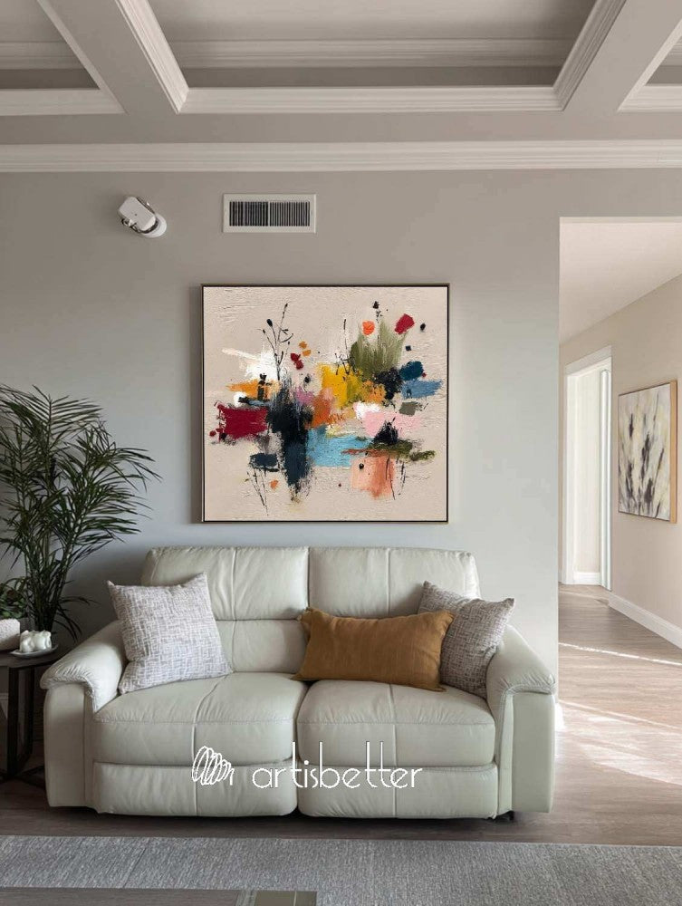 Minimalist Botanical Wall Art In Warm Beige And Pastel Pink Tones Square Original Painting For Organic Modern Home