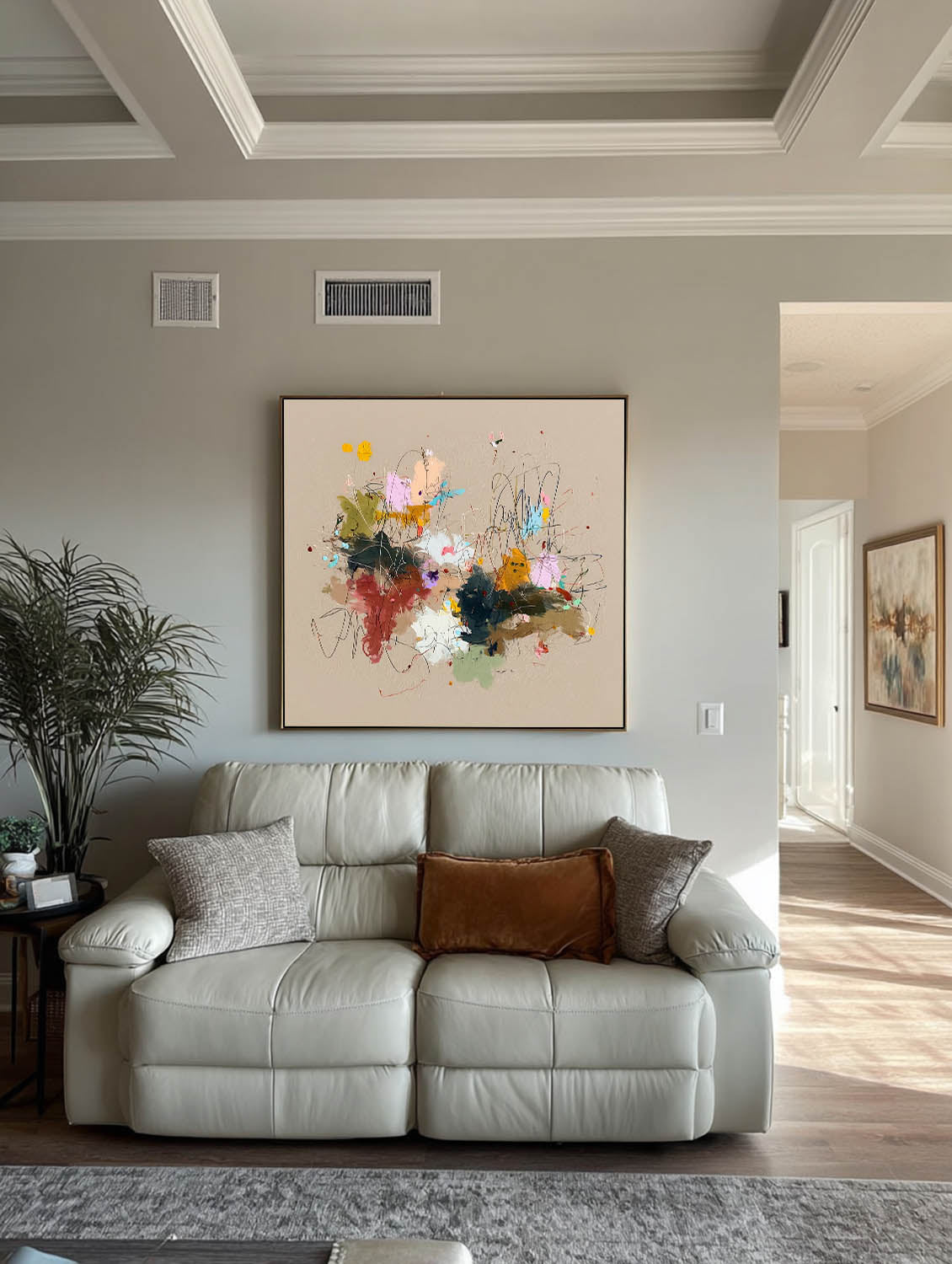 Original Abstract Expressionist Painting On Beige Canvas Colorful Abstract Art On Neutral Beige Background