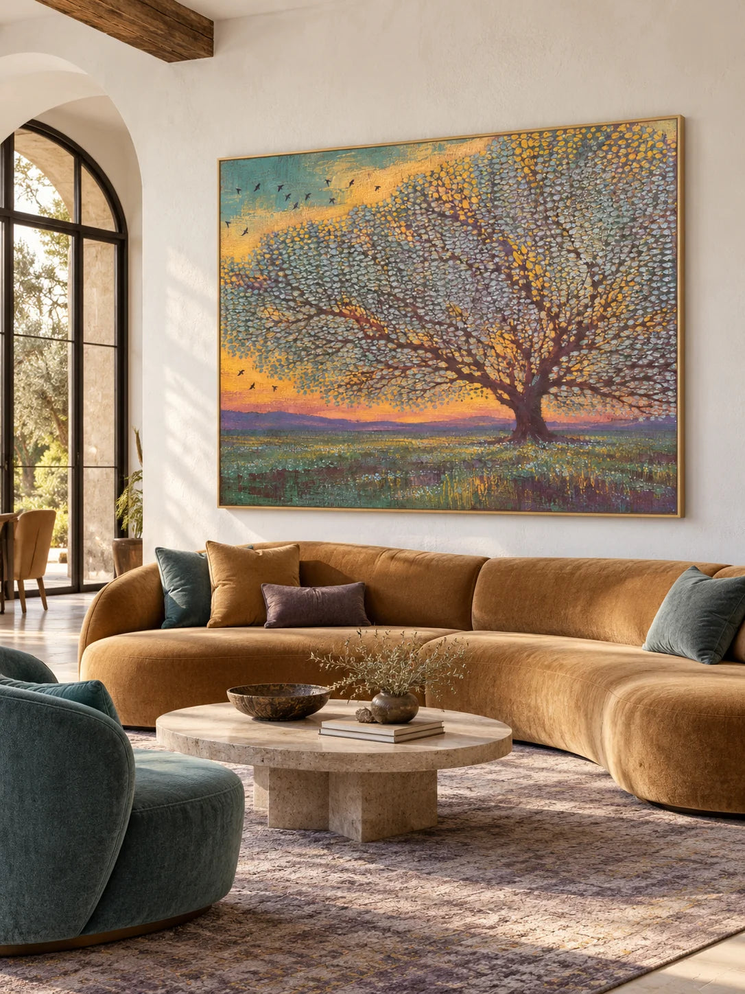 Contemporary Teal And Gold Tree Painting Large Textured Sunset Landscape Artwork