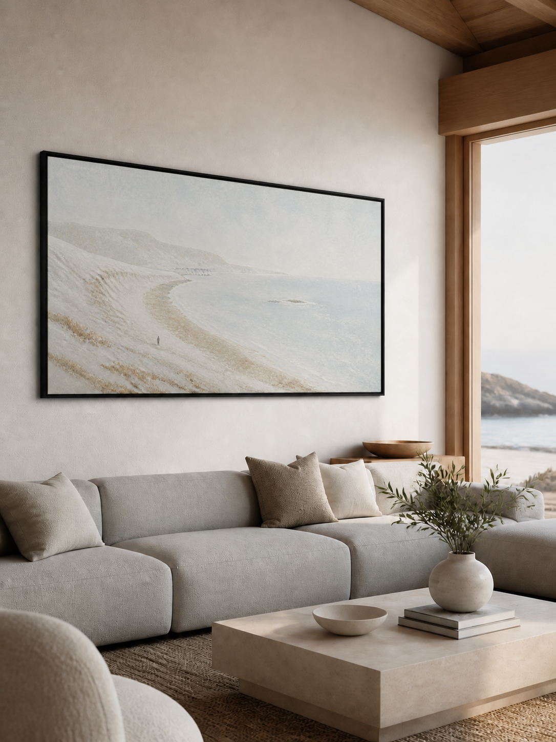 Abstract Coastal Seascape Hand-Painted Canvas Art In Beige And Grey