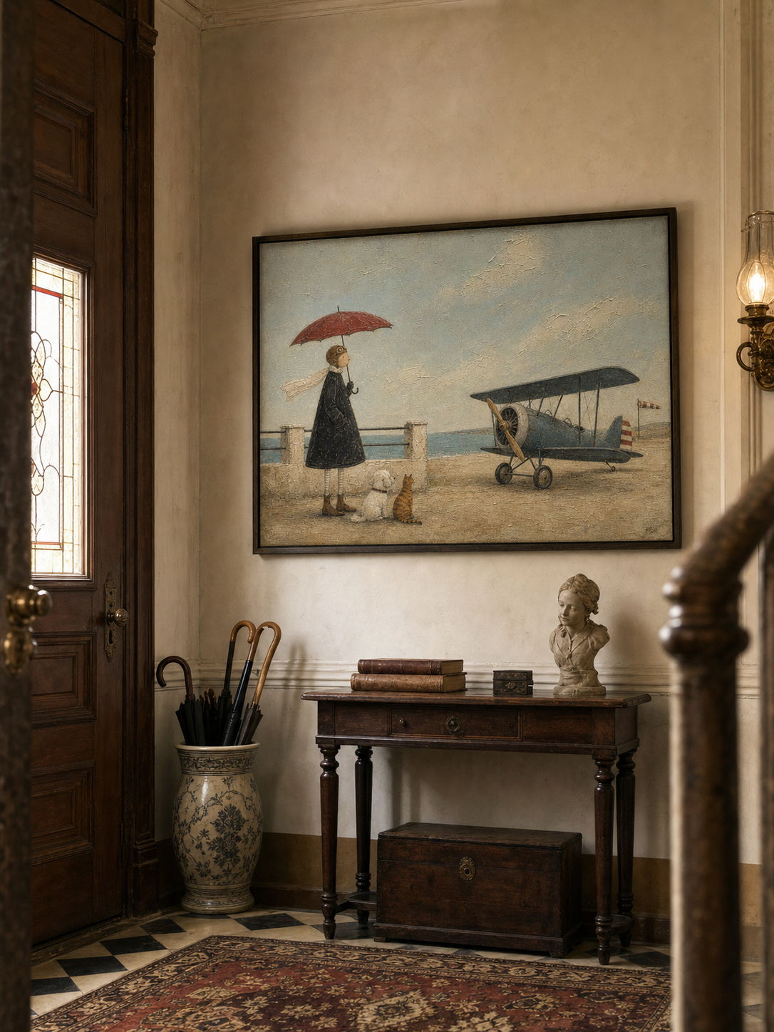 Whimsical Vintage Airplane Painting With Dog And Cat For Coastal Home Decor Art