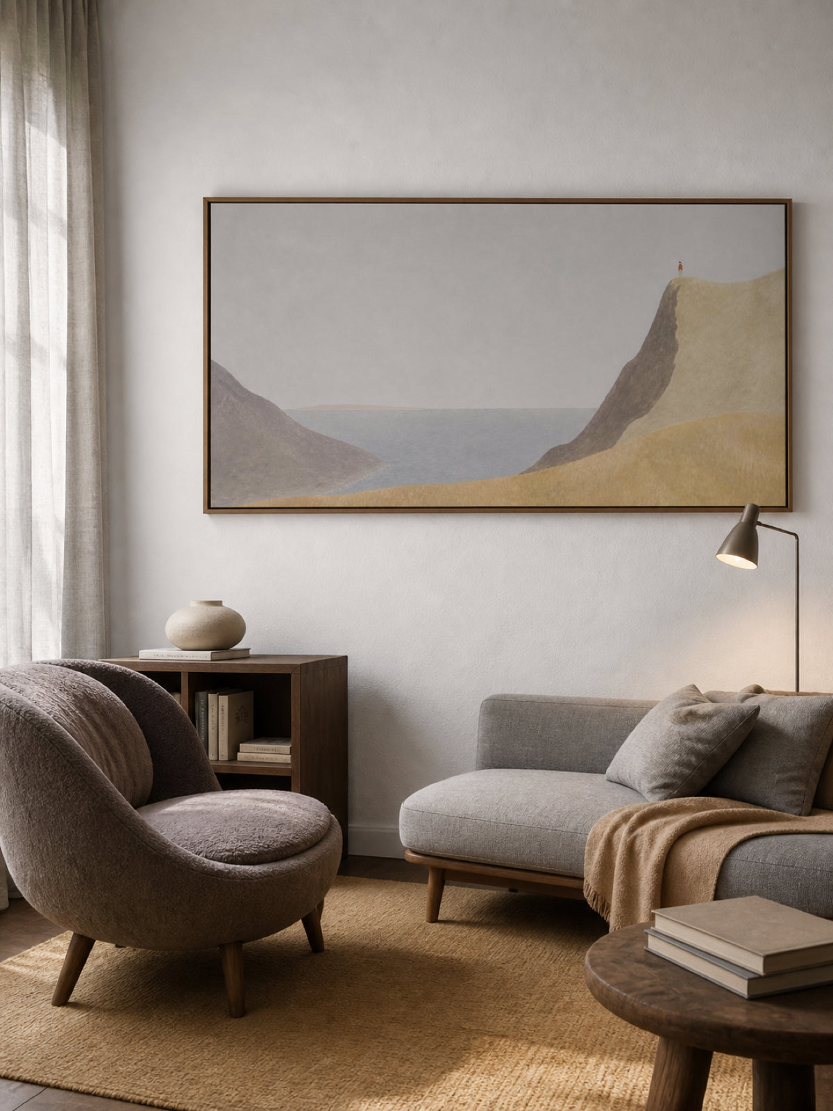 Beige Coastal Wall Art Hand Painted Minimalist Cliff Scene For Bedroom