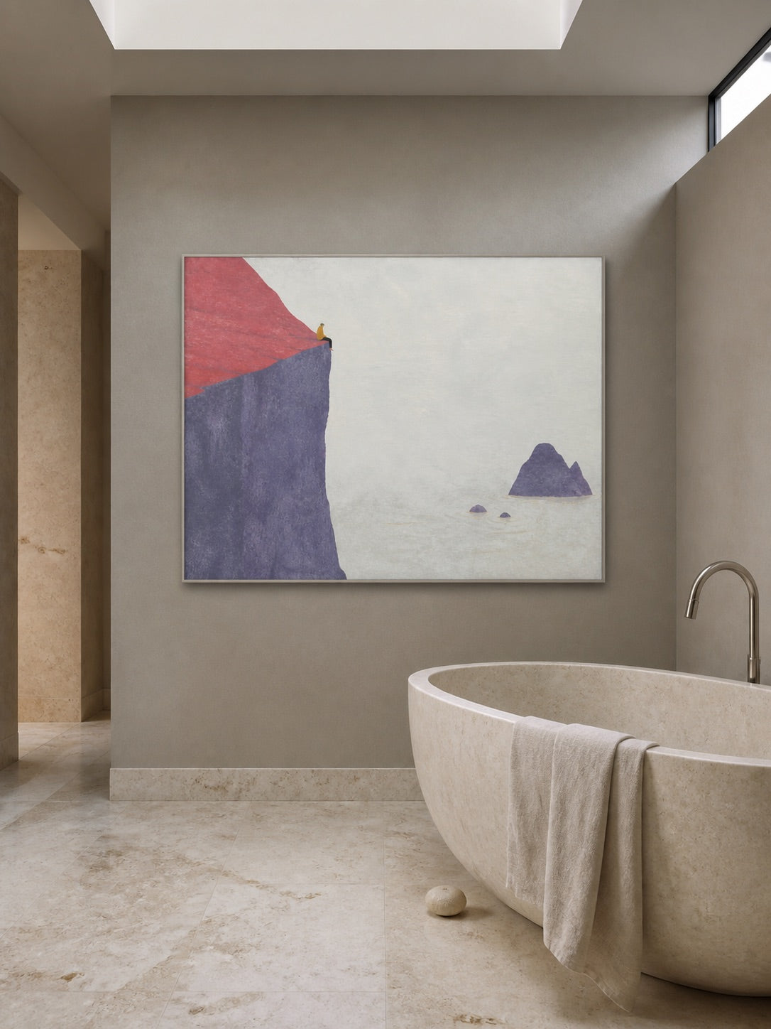 Minimalist Cliff Figure Painting Hand-Painted Abstract Coastal Wall Art