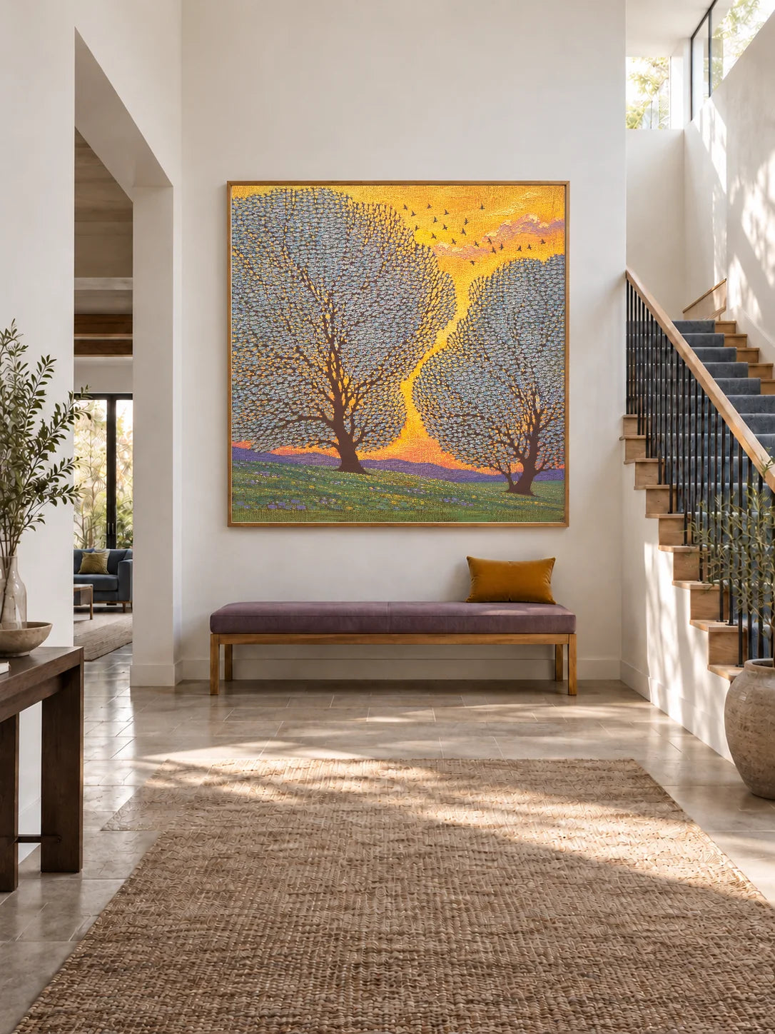 Contemporary Golden Sunset Artwork Large Tree Landscape Art For Modern Home