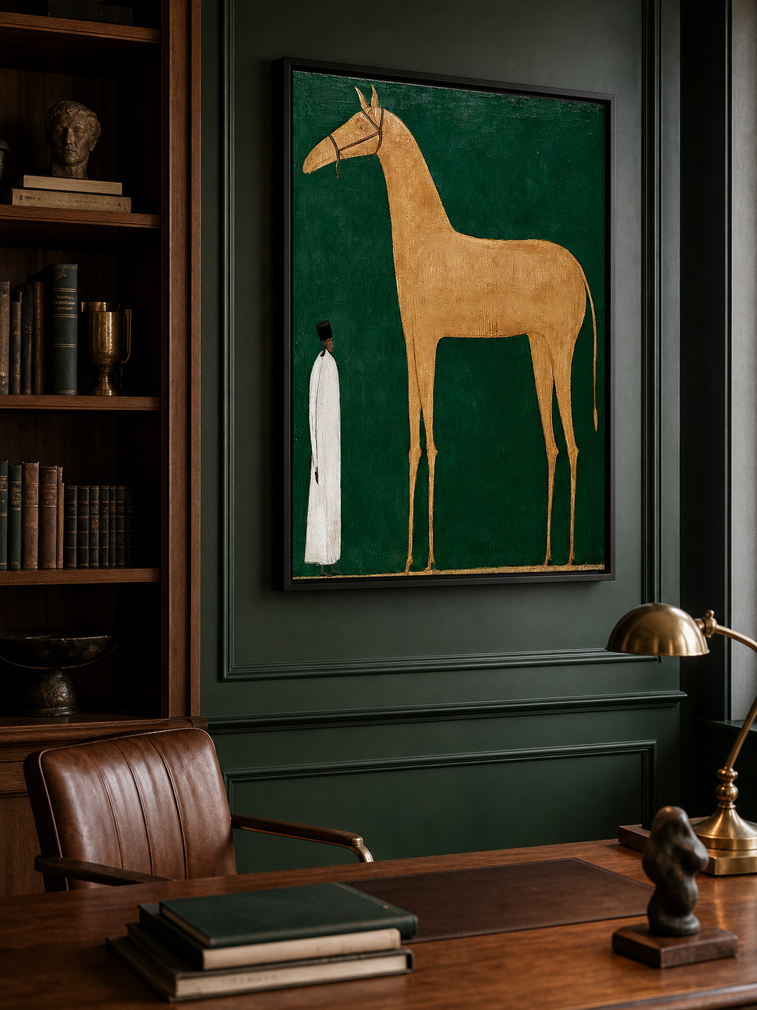 Vintage Minimalist Horse Painting With Figure In Green And Beige For Modern Living Room Decor