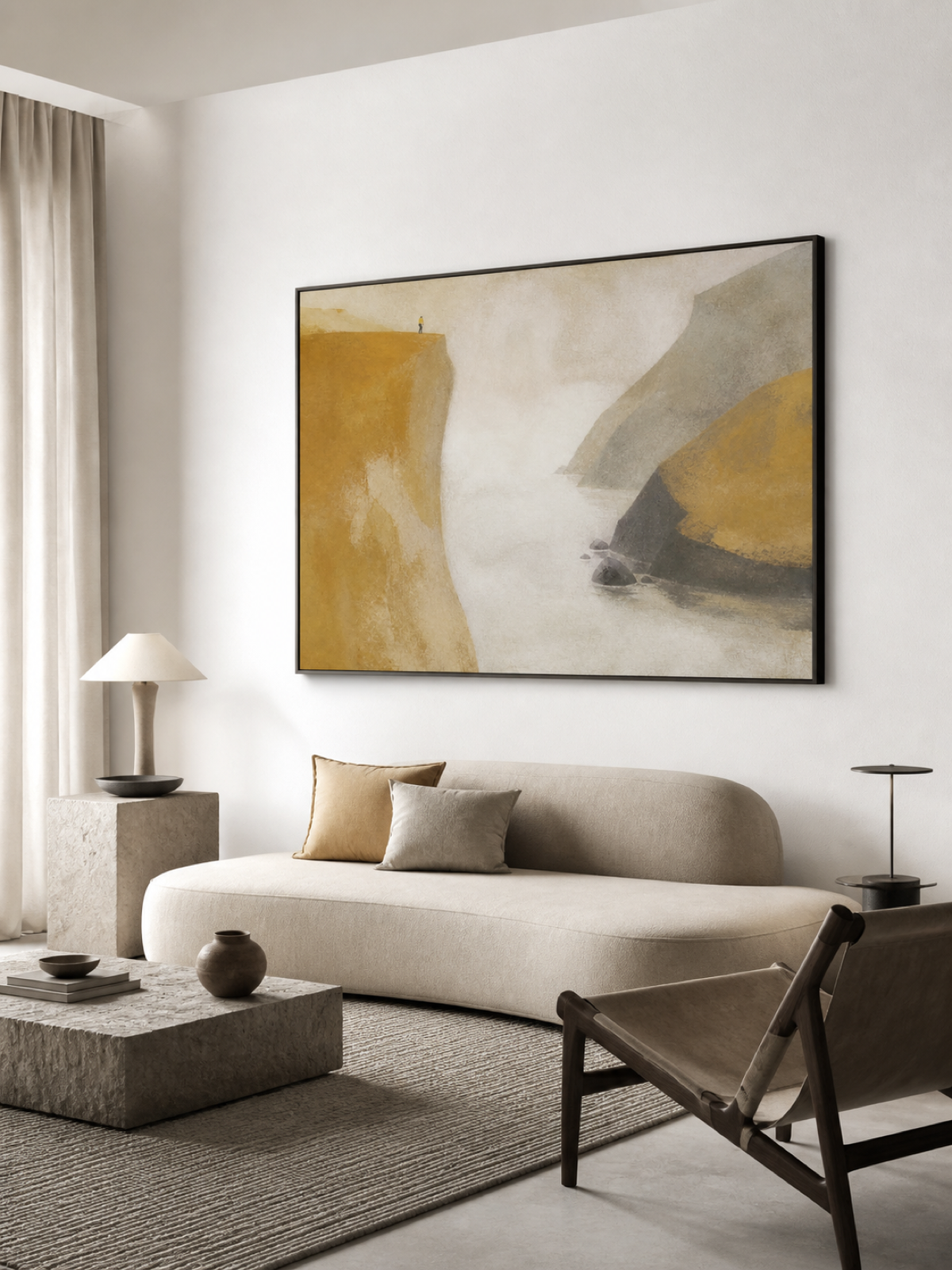 Golden Ochre Cliff And Misty Silver Inlet Contemporary Landscape Oil Painting