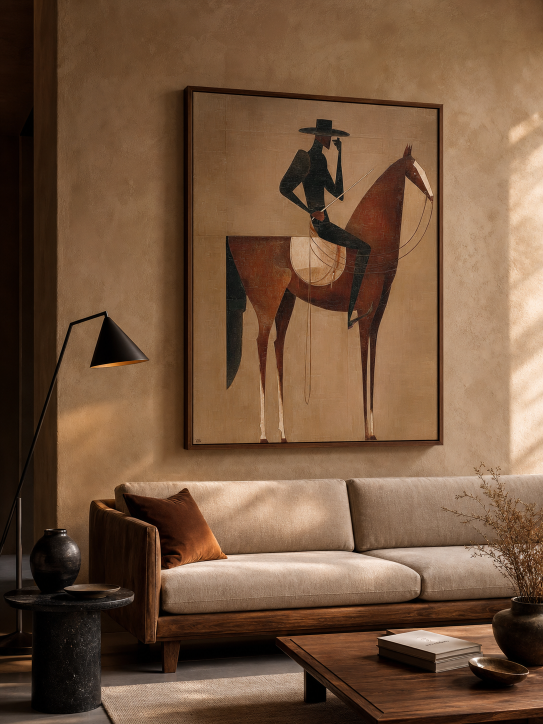 Vintage Minimalist Horse Painting Framed Cowboy Canvas Wall Art For Bedroom Sanctuary