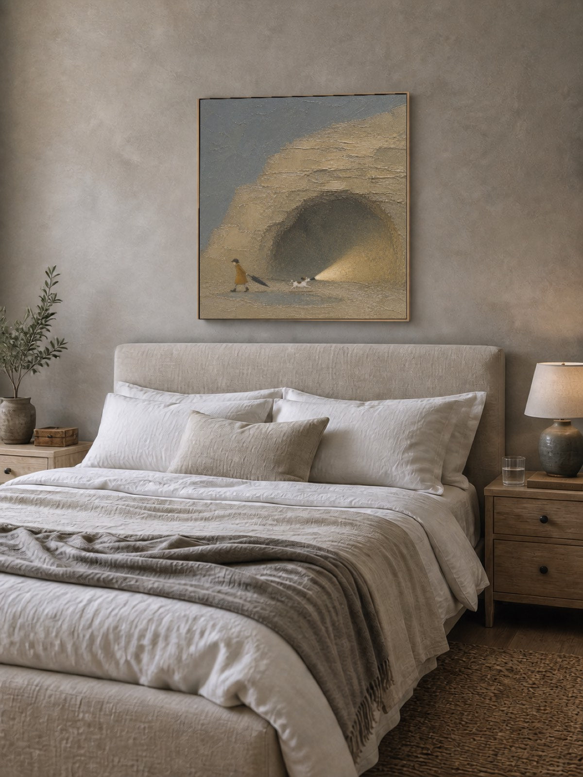 Textured Coastal Travel Art With Surreal Cave Scene In Beige And Grey Tones For Living Room