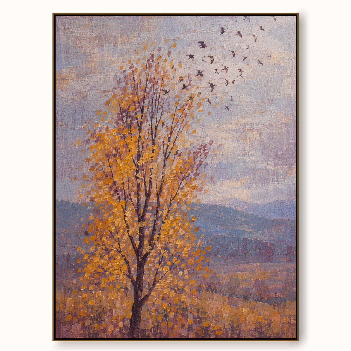 Hand-Painted Golden Tree And Birds Canvas Wall Art For Living Room