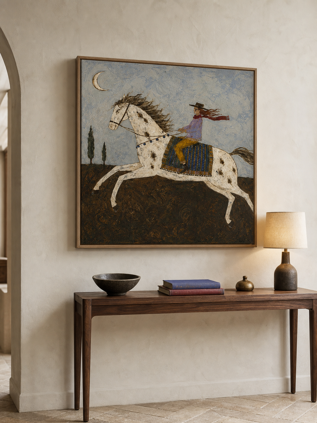 Hand Painted White Horse Night Ride Painting Western Folk Wall Art Bohemian Equestrian Artwork