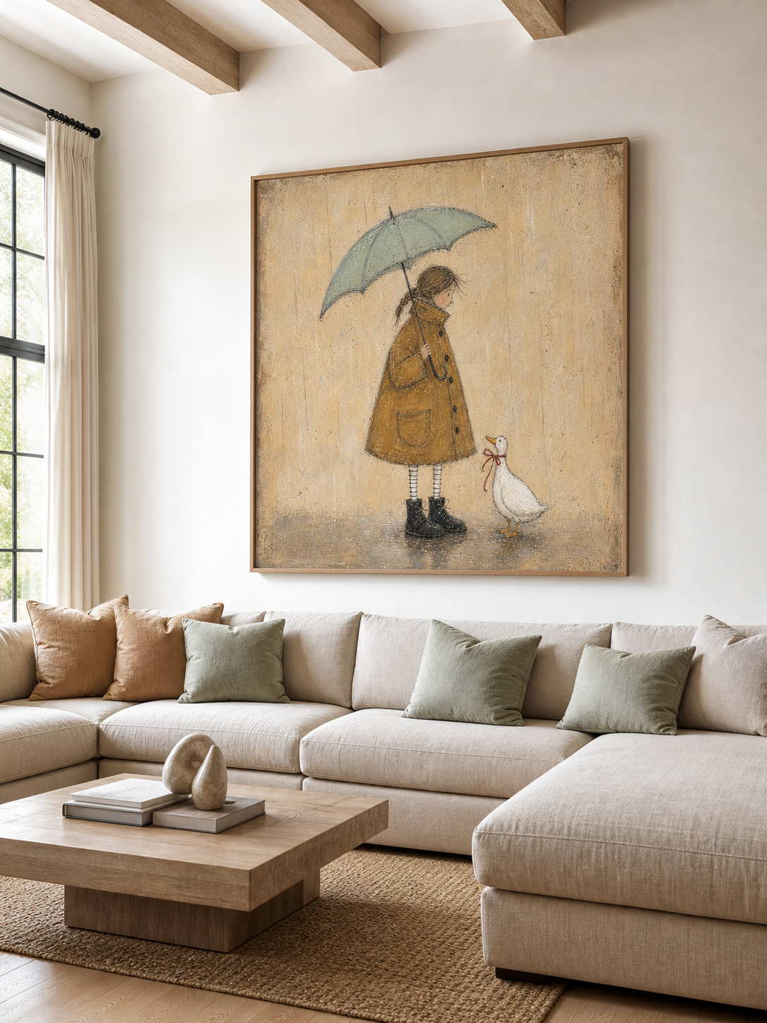 Original Handmade Painting Girl And Cute Duck In Rain Minimalist Wall Art