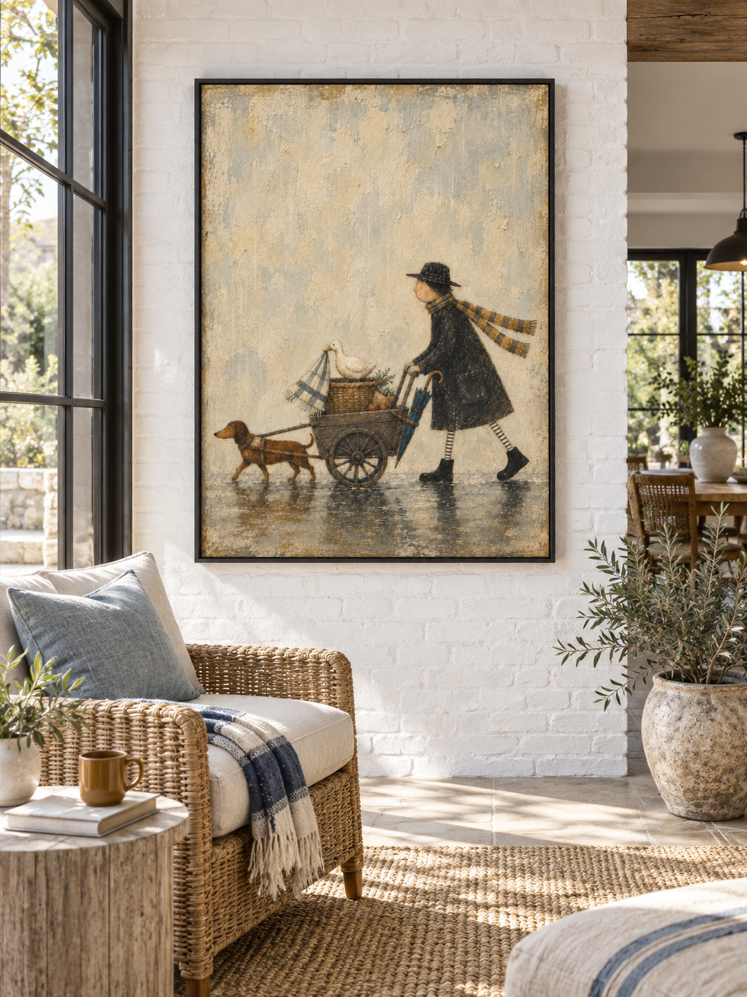 Whimsical Rainy Day Cart With A Man Dog And Duck Hand Painted Wall Art