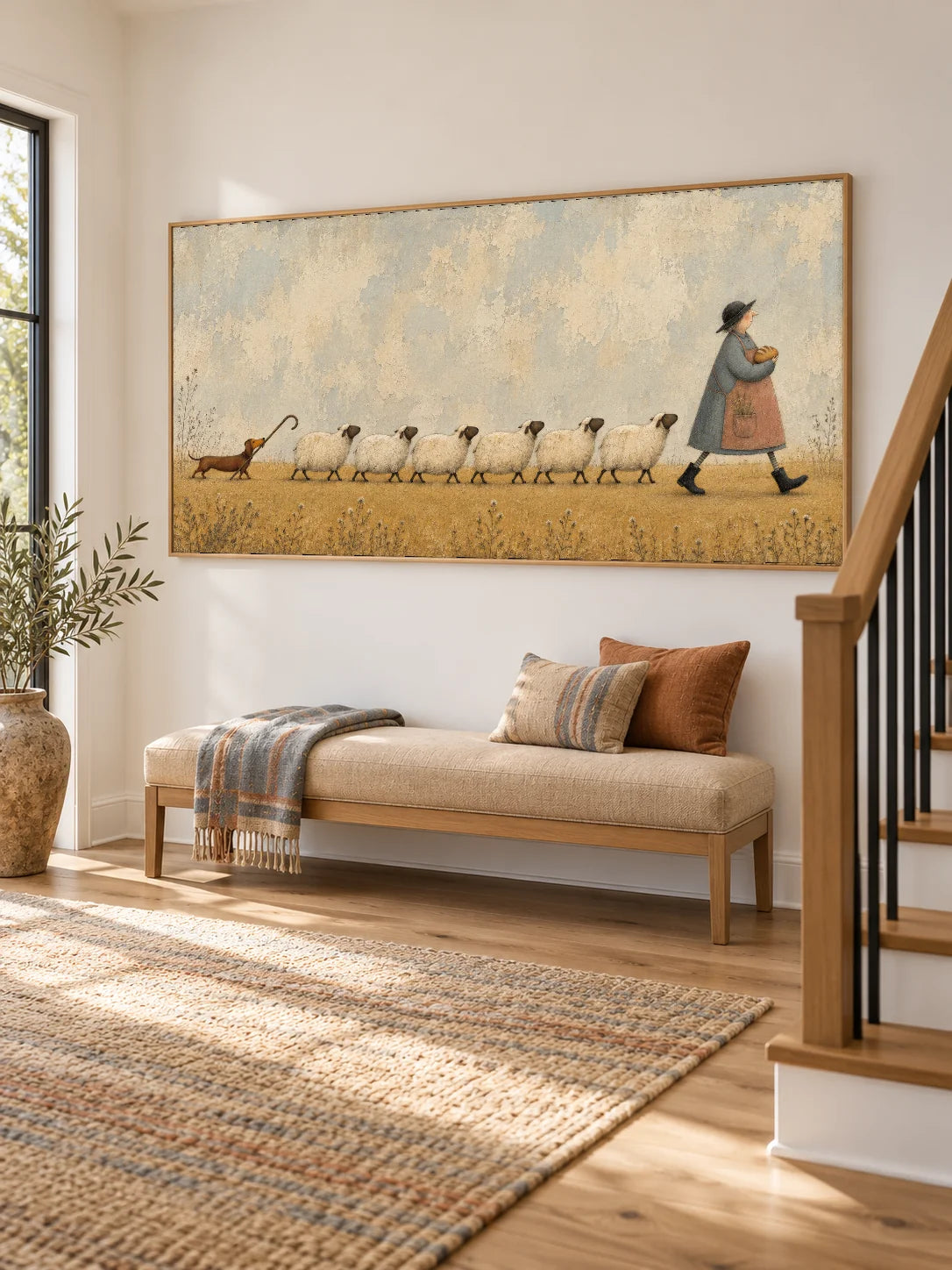 Whimsical Sheep And Dachshund Farm Animal Canvas Painting Hand Painted Wall Art