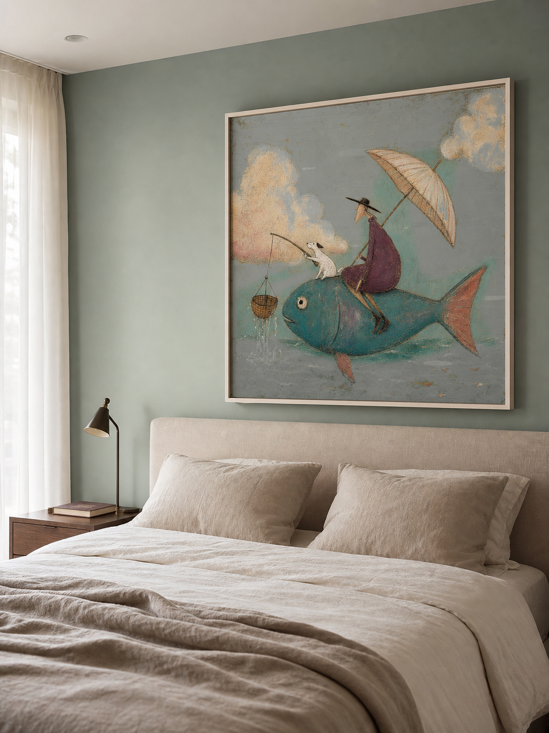 Whimsical Fish Riding Painting With Dog Vintage Surreal Wall Art For Living Room Decor