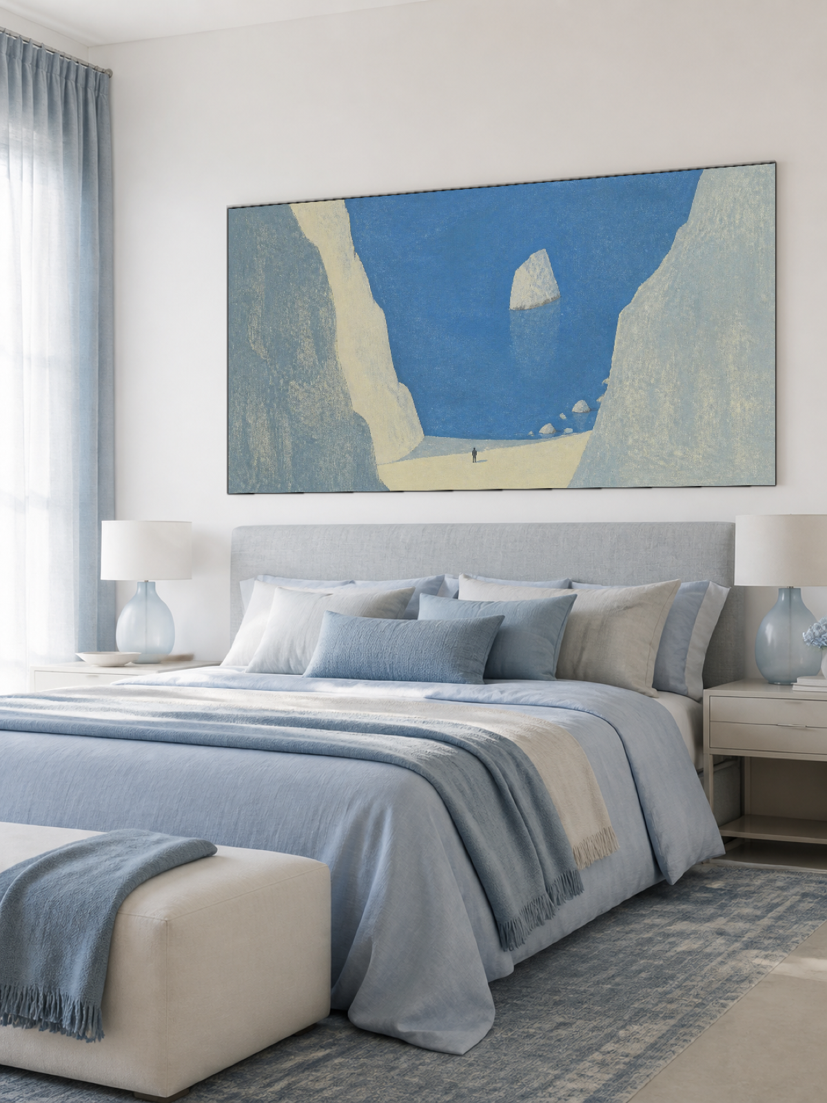 Cobalt Blue Sea And White Limestone Cliffs Contemporary Coastal Oil Painting