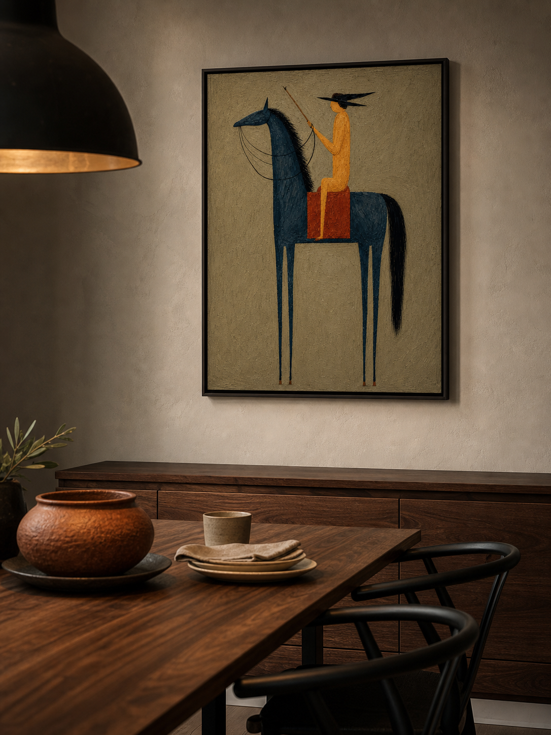 Retro Minimalist Oil Painting Of Figure And Horse On Linen Canvas For Modern Home Decor