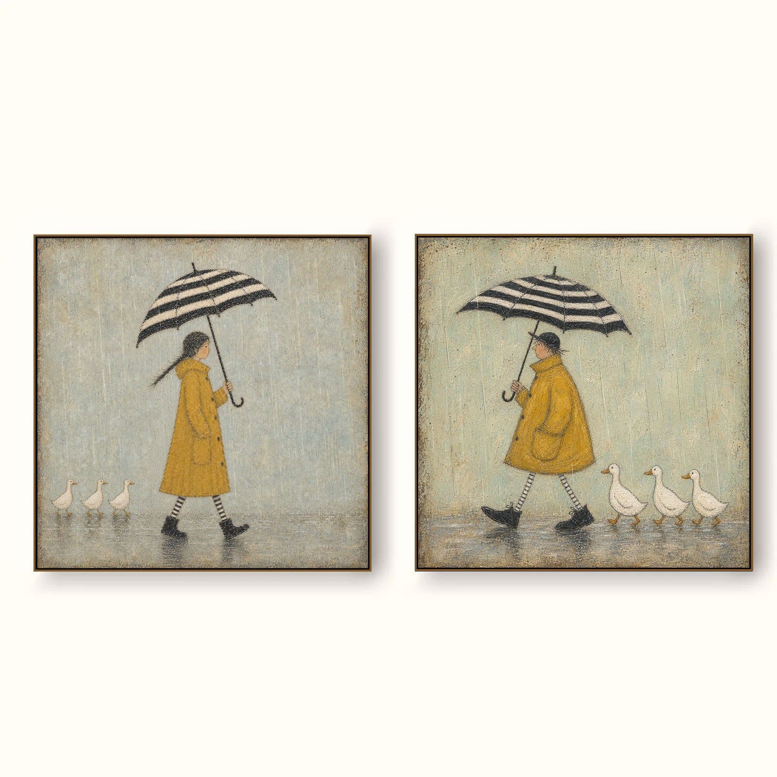 Whimsical Rainy Day Art With Ducks And Yellow Raincoats For Cottage Style Home