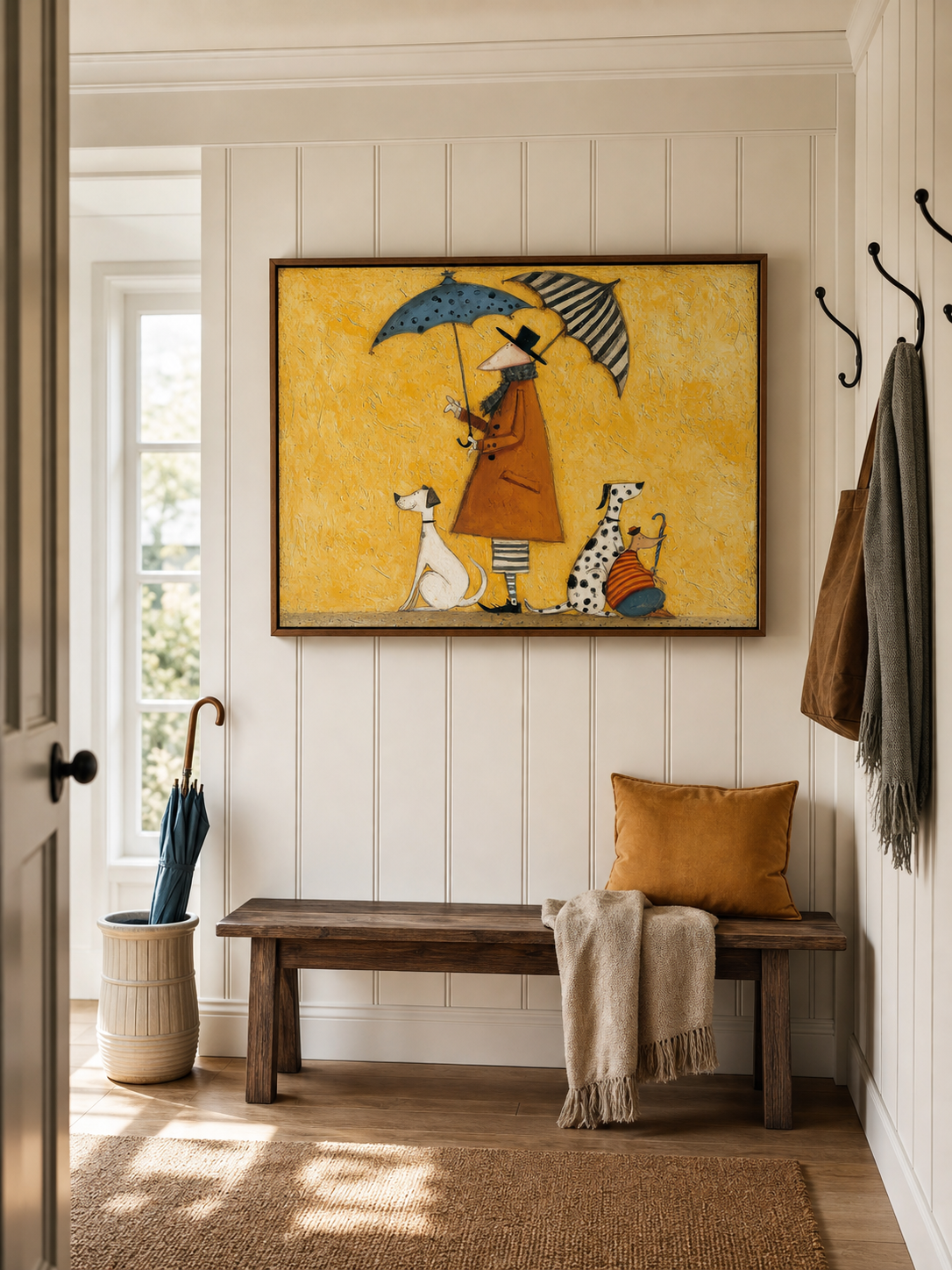 Whimsical Abstract Figure With Dogs Under Umbrellas Original Oil Painting On Linen Canvas For Eclectic Interior Decor