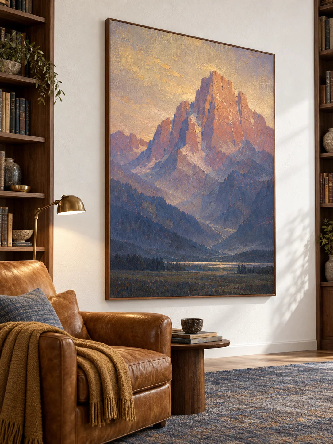 Majestic Mountain Landscape Painting Alpine Valley Nature Wall Art Sunlit Peaks Scenic Canvas Decor