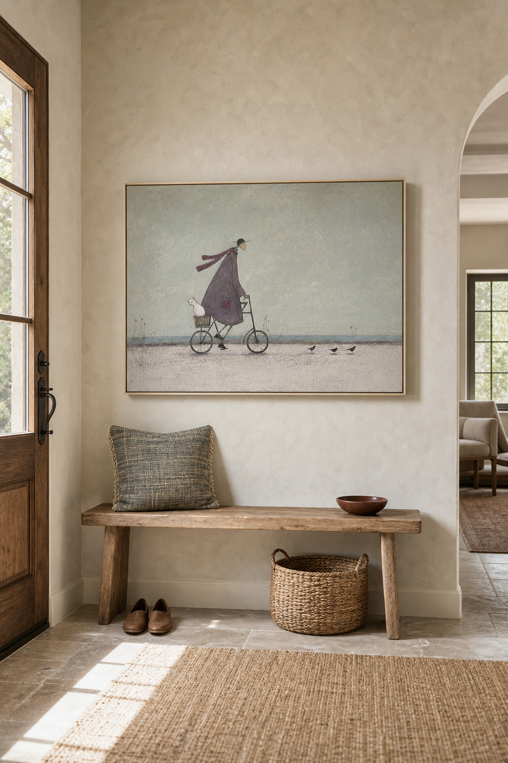 Whimsical Seaside Bicycle Canvas Art Man Ride Coastal Vintage Oil Painting